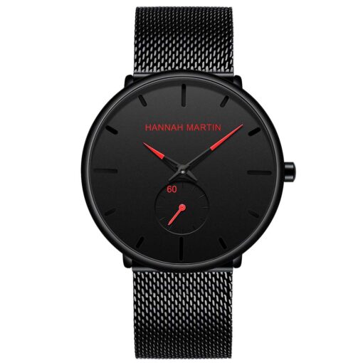 Waterproof Black Red Quartz Watch With Stainless Steel Strap