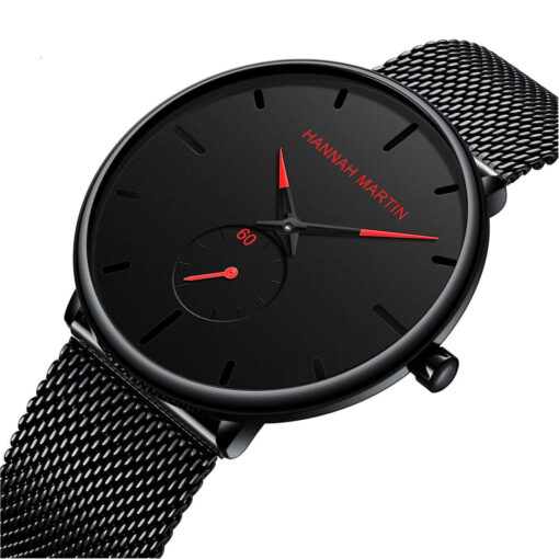 Waterproof Black Red Quartz Watch With Stainless Steel Strap